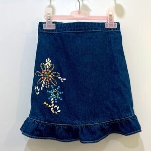Toffee Apple Embellished Denim Jean Skirt with Ruffle Denim Hem, Size 5, Girl